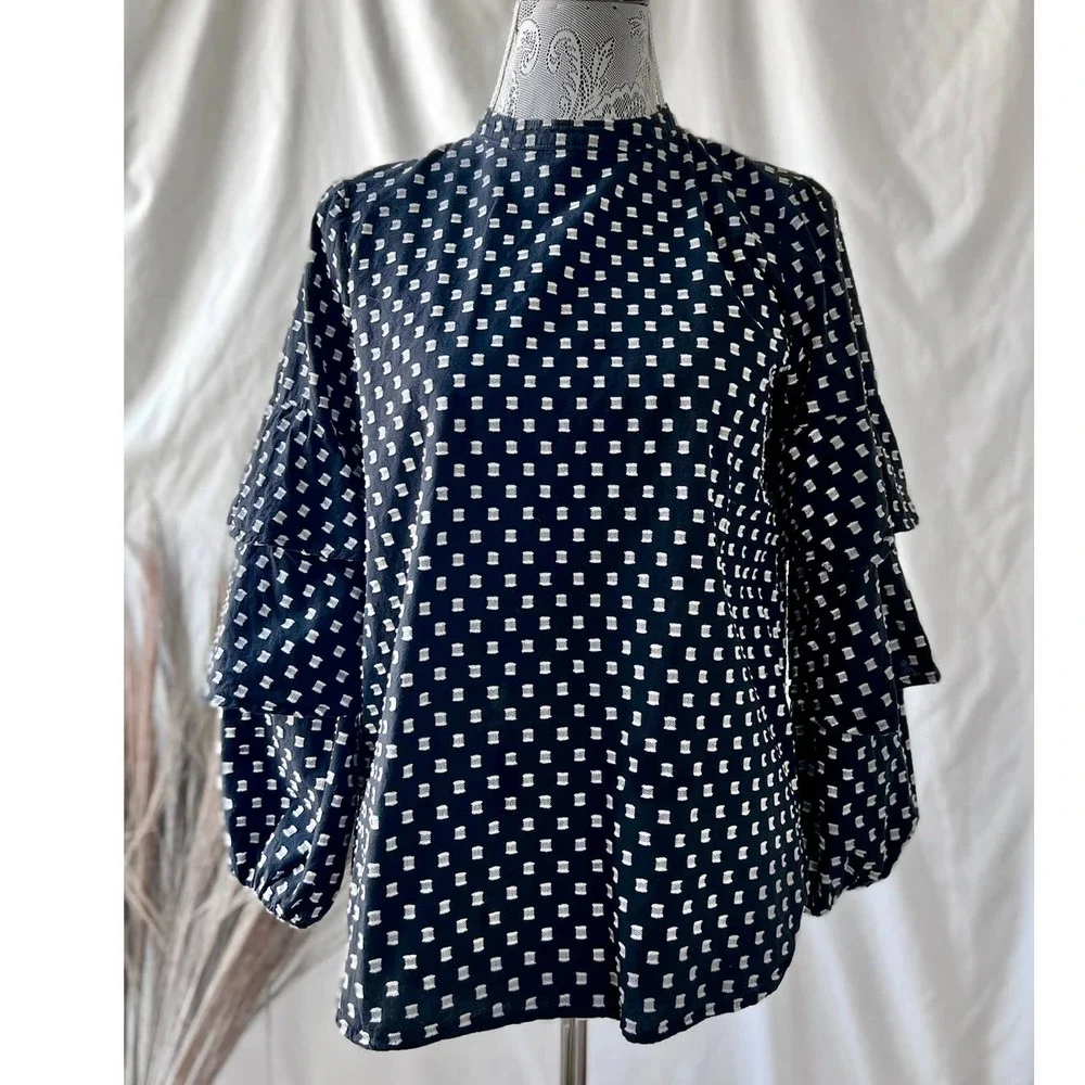 LOFT Petite Black and White Textured Ruffle Sleeve Cotton Blouse - Picture 7 of 7